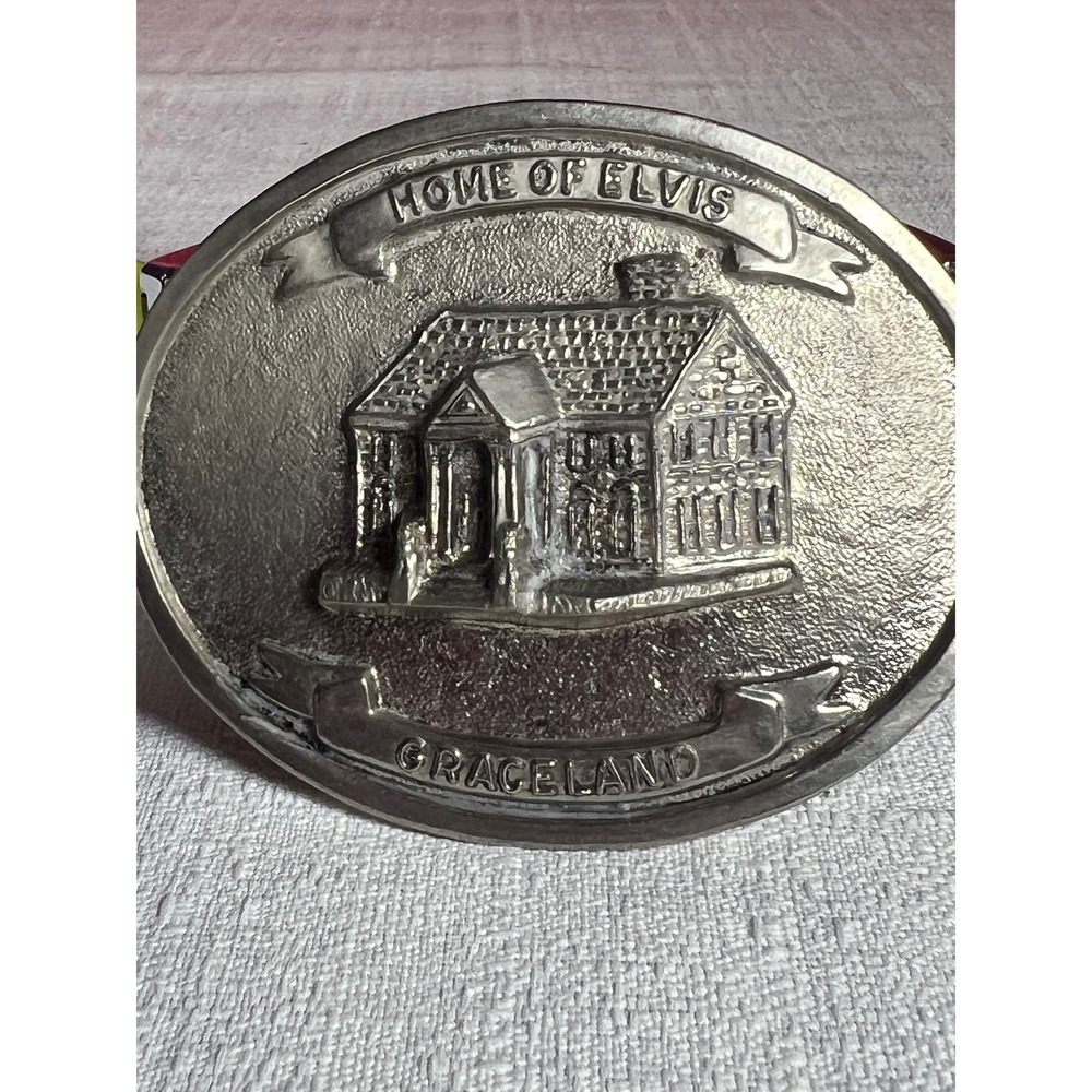 Vintage 1990 Elvis Presley Graceland Belt Buckle Home of Elvis Silver Tone Oval